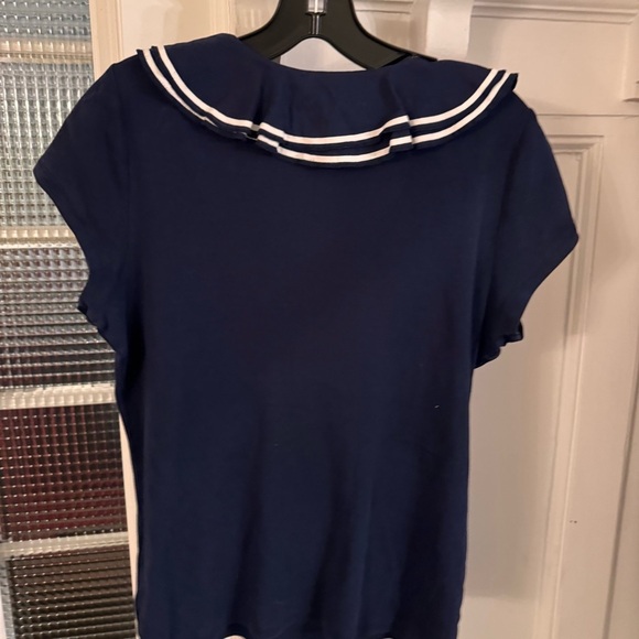 Lauren Ralph Lauren navy blue w/Ruffled V-Neck with white accents Size large - Picture 3 of 7